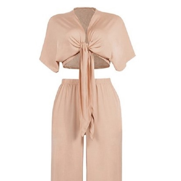 Tan Two Piece Crop Top and Pant Set - Picture 2 of 2